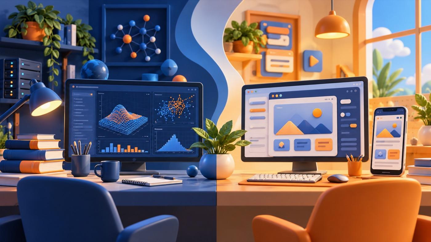Illustration comparing a data-oriented programming workspace with a browser interface workspace.