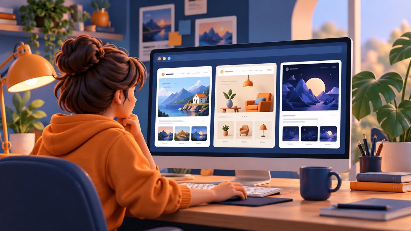 Illustration of a learner reviewing three website portfolio projects.