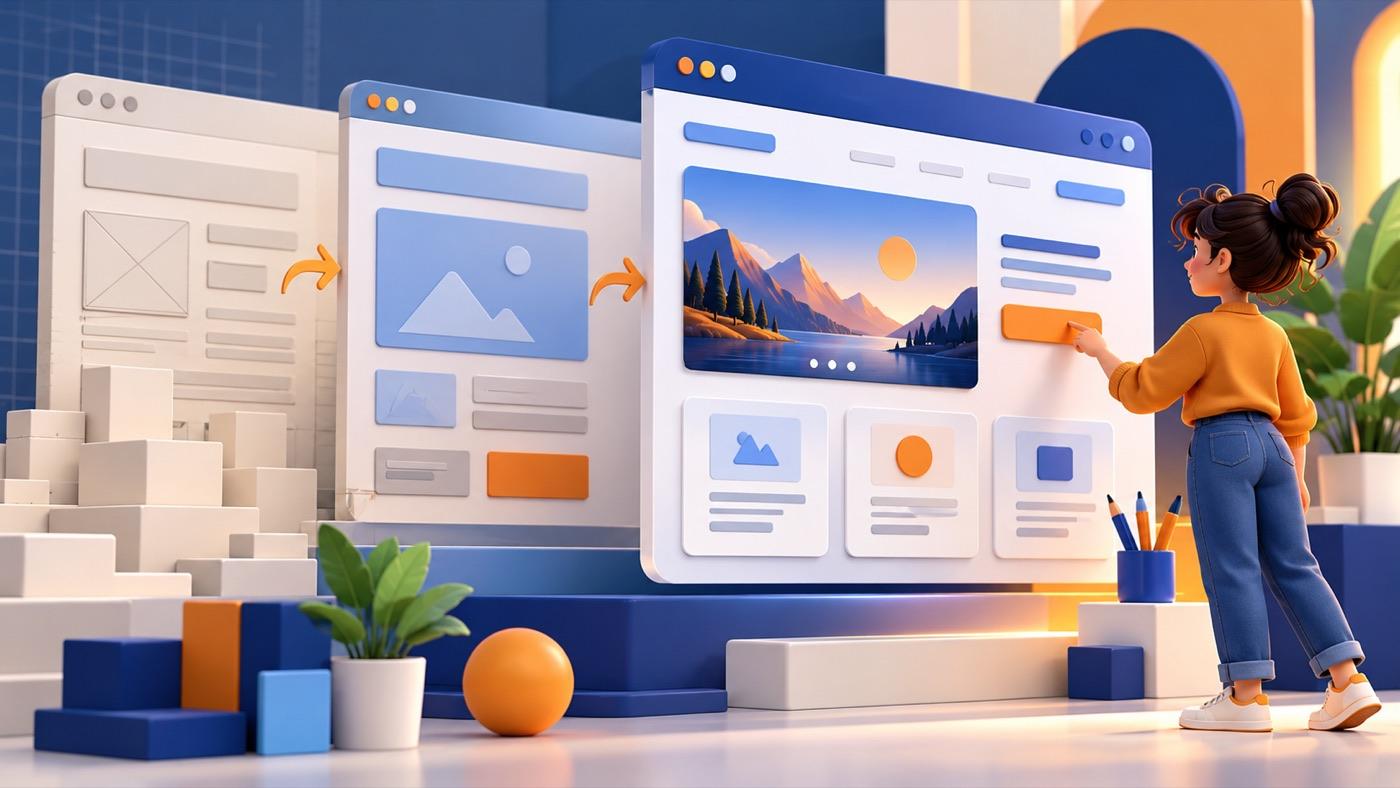 Illustration of a web interface developing from a basic structure into a finished design.
