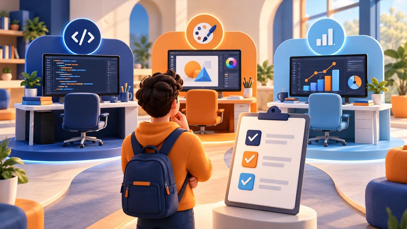 Illustration of a learner comparing technology study options with a checklist.